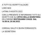 Chiusura uffici della segreteria